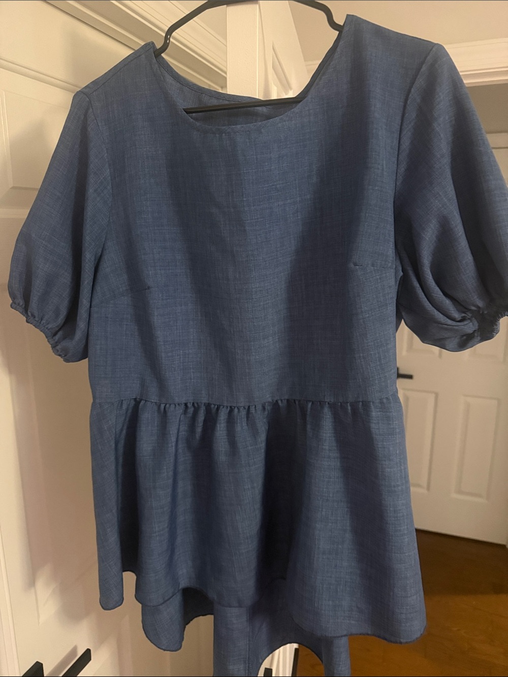SHEIN Navy Blue Puff-Sleeve Peplum Tunic Top
